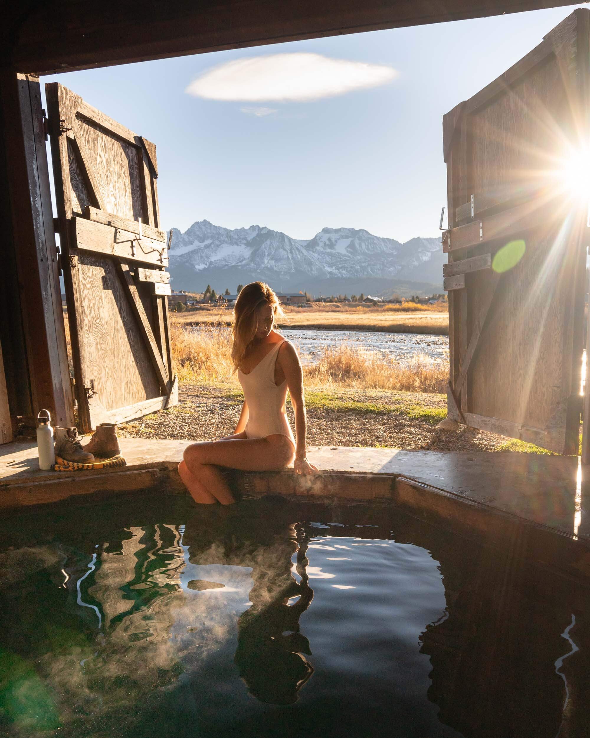 The hot spring at Mountain View Resort is set up in a small shed with beautiful views of the Sawtooth Mountains in the distance.