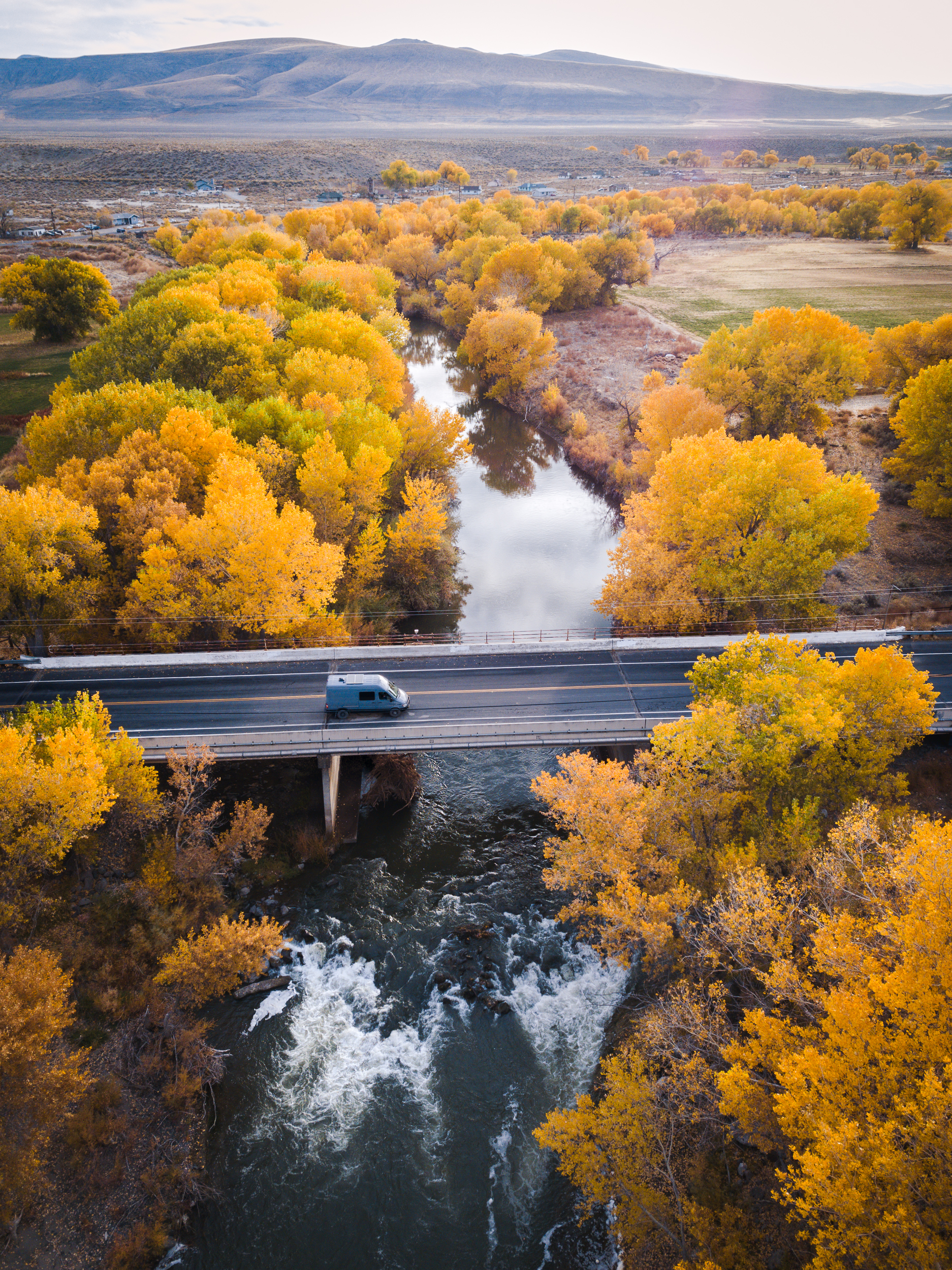 Driving through fall colors along the Truckee River outside Reno, Nevada.