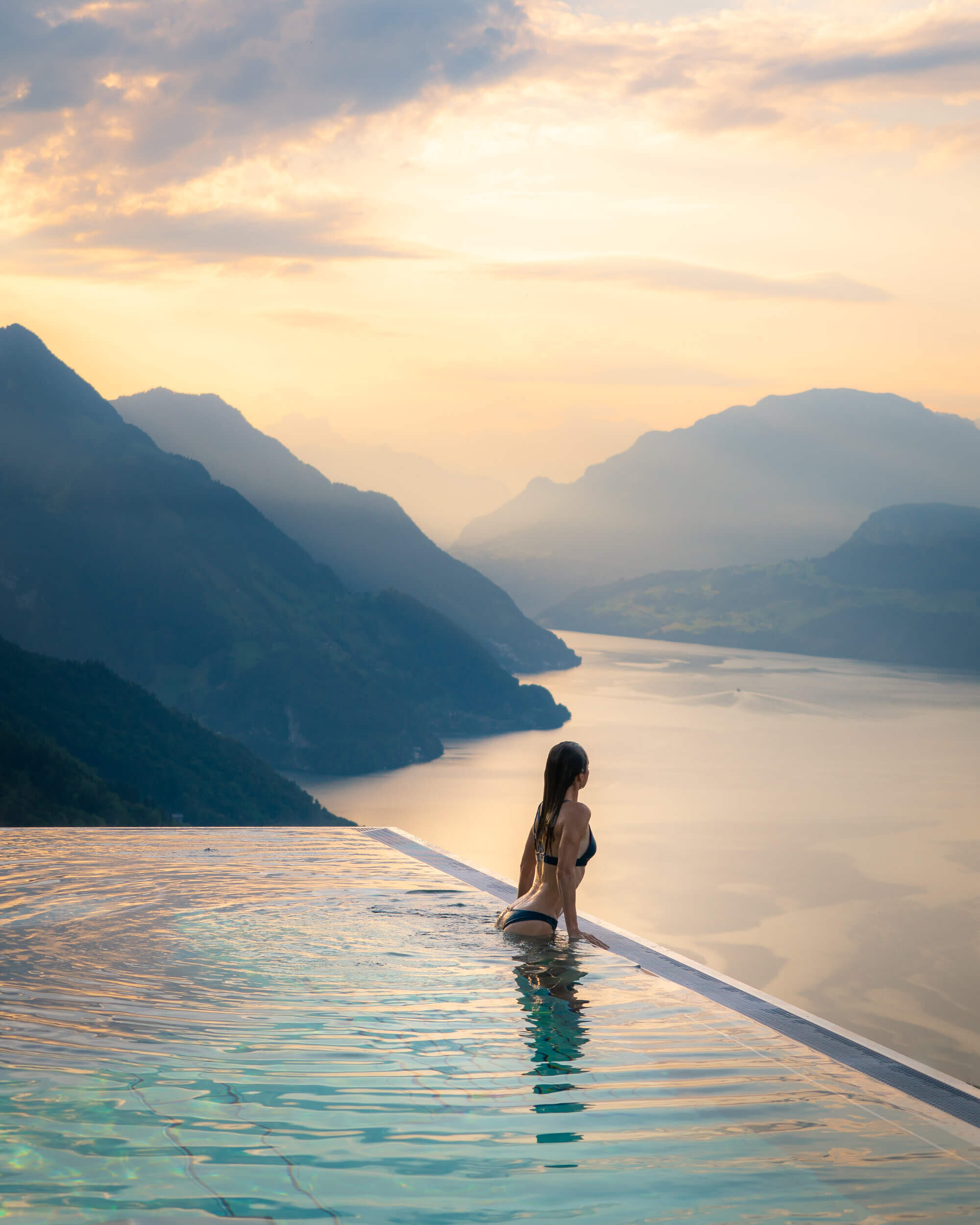 Watching the sun come up over the mountains from the pool at Villa Honegg in Switzerland.