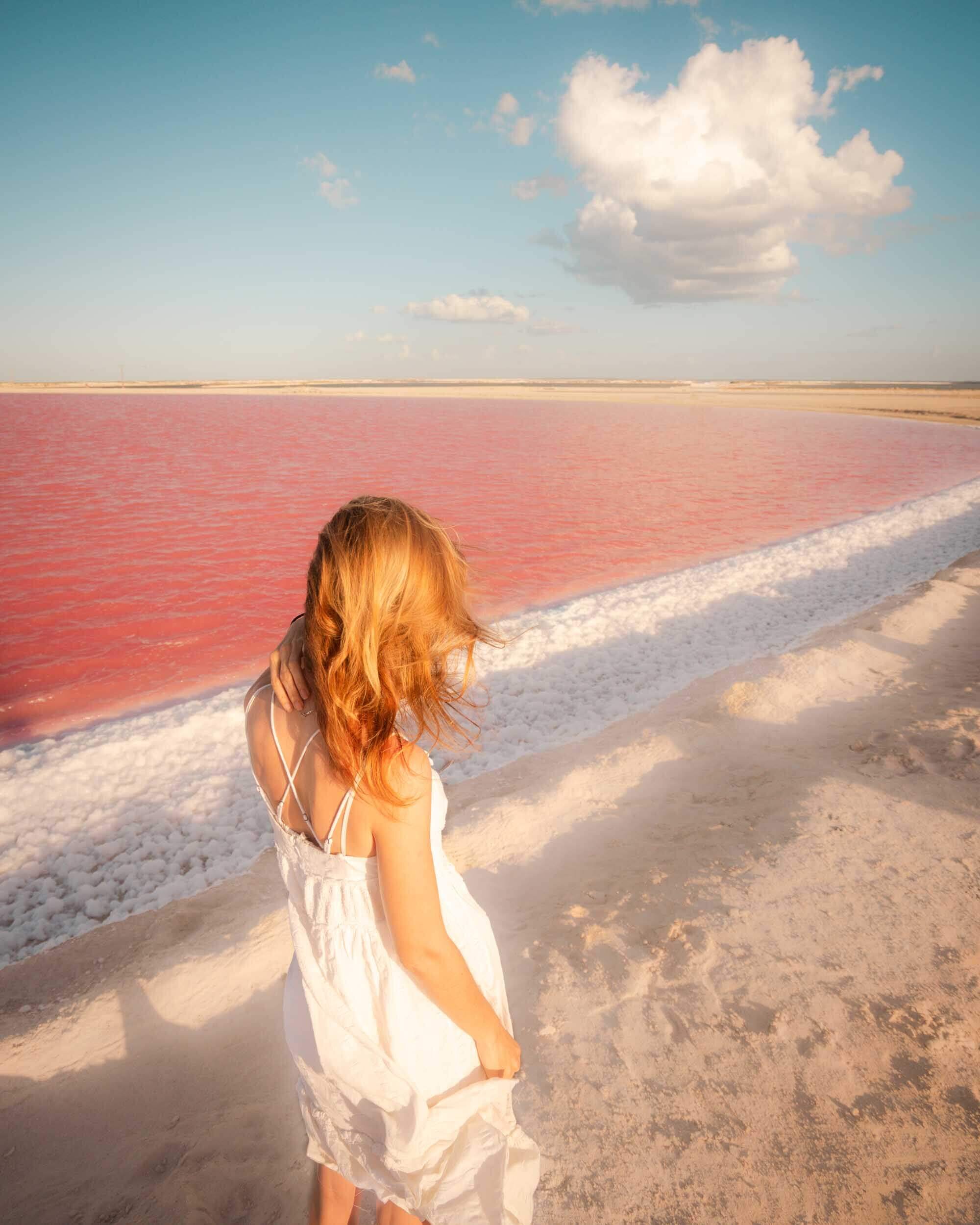 Walking along Las Coloradas Pink Lake on the Yucatan Peninsula.