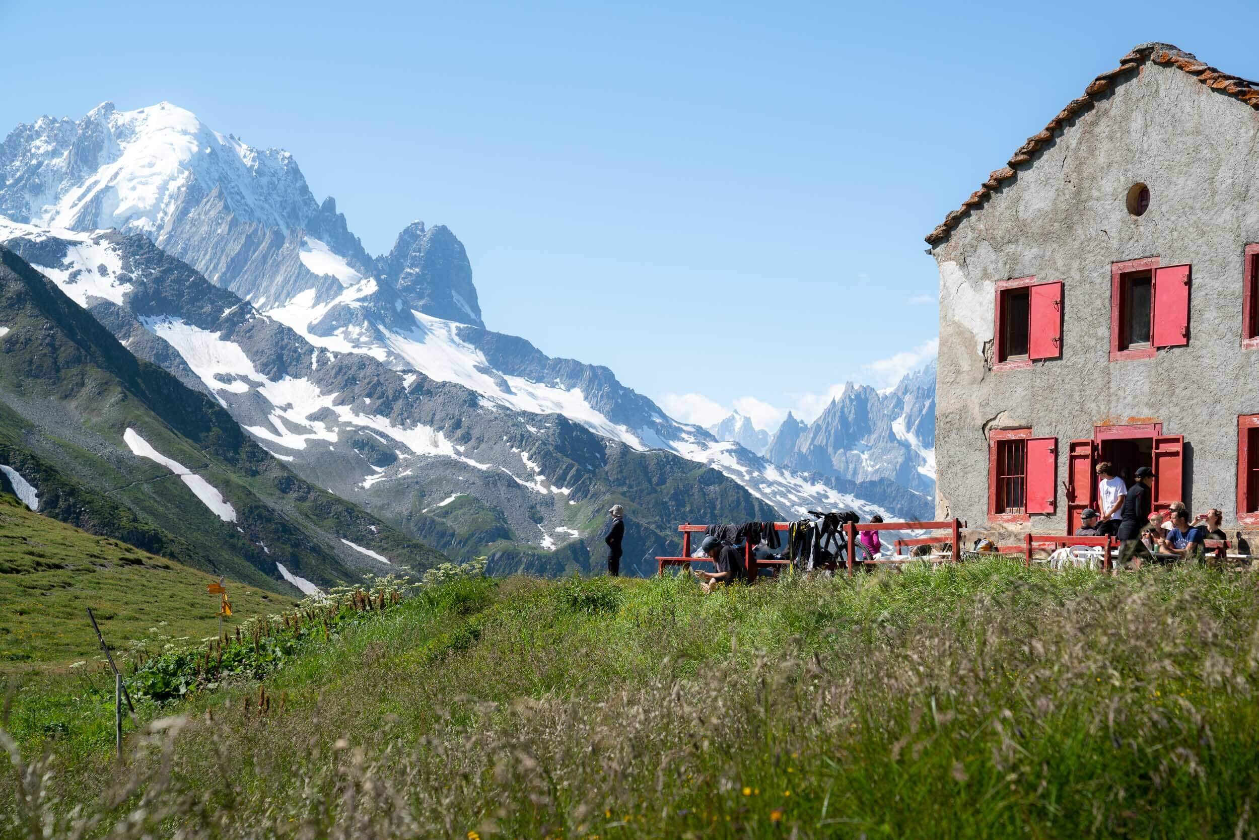 Stopping for lunch at a refugio along the Tour du Mont Blanc.