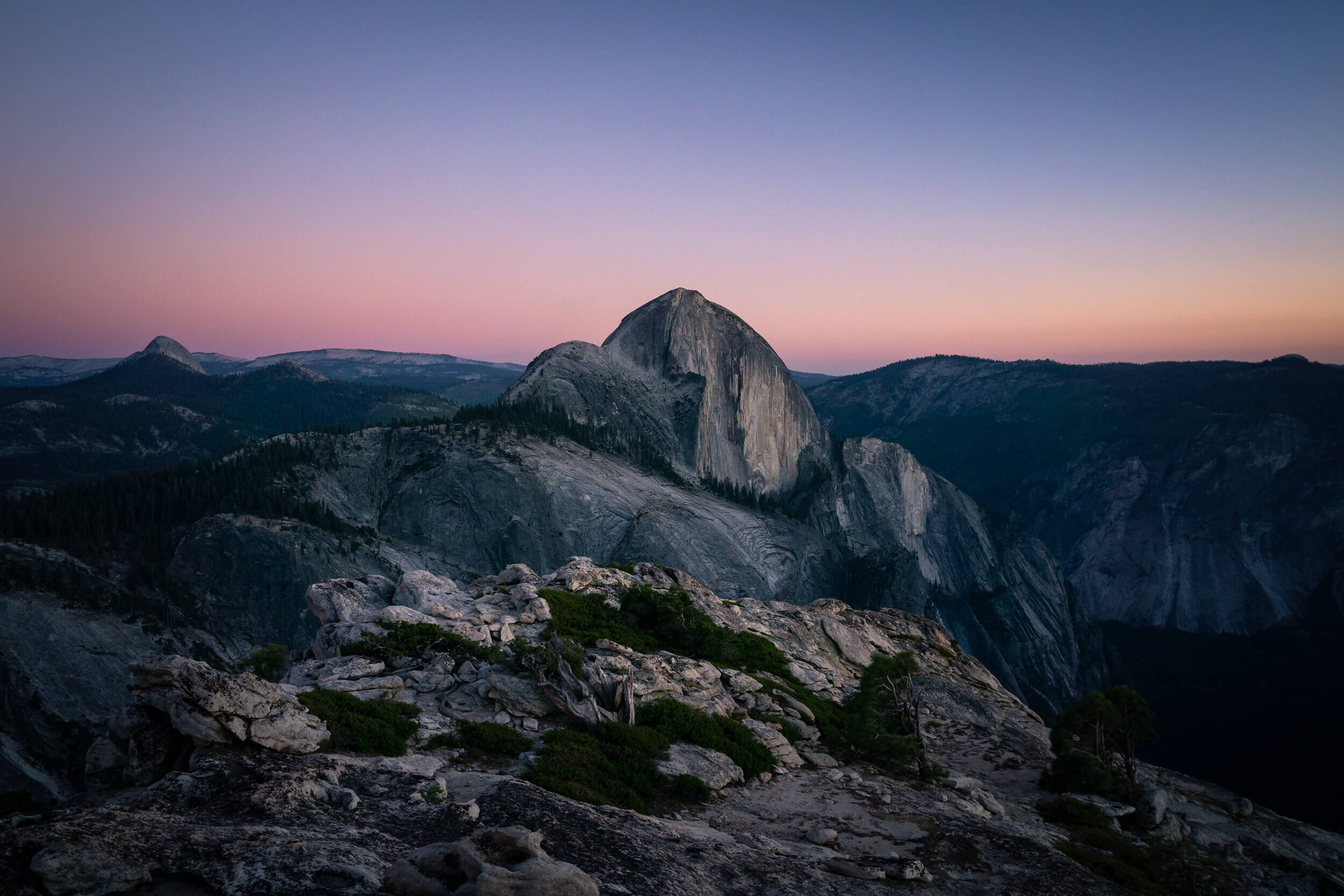Sunset views of Half Dome from Mount Watkins.