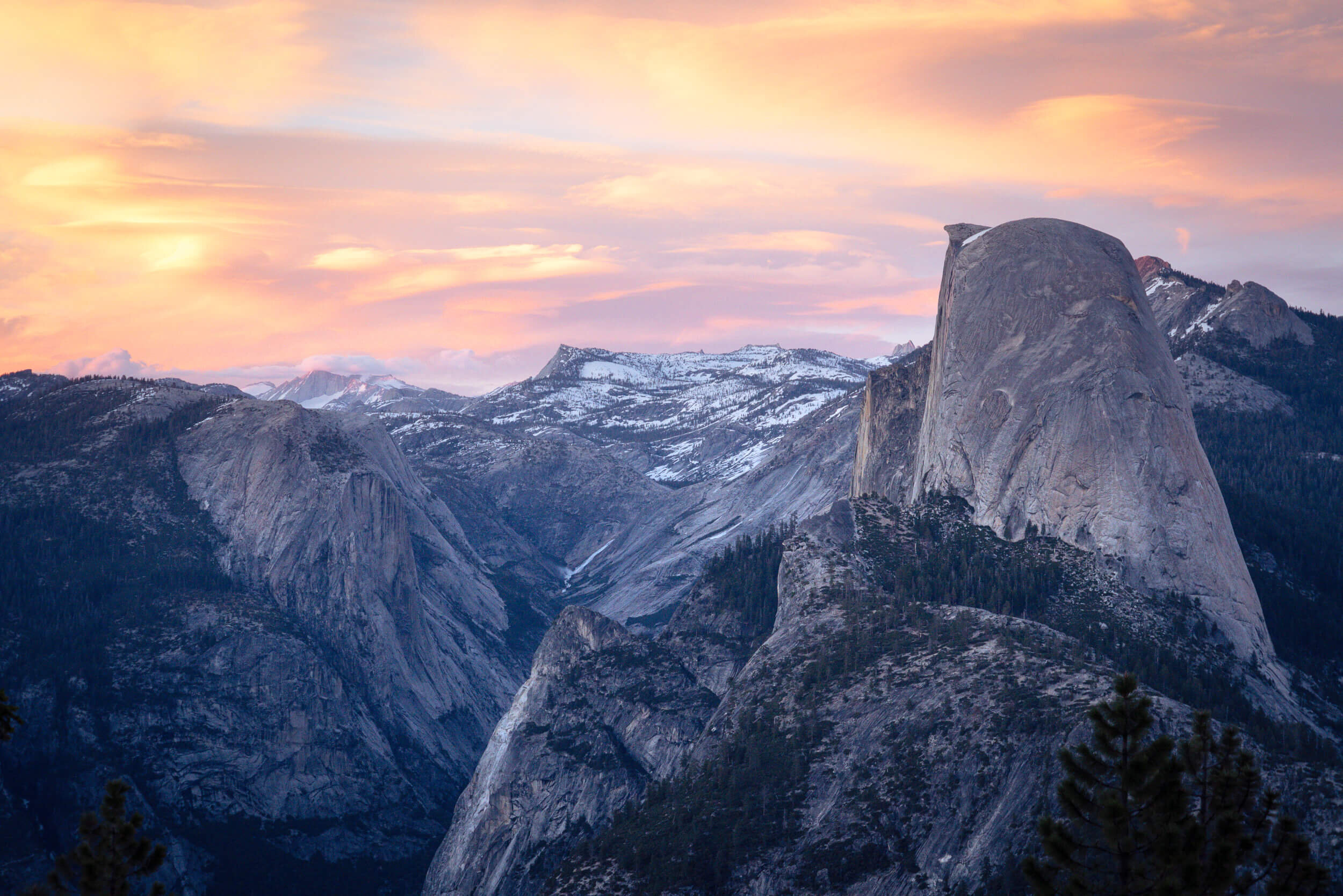 Sunset views of Half Dome in Yosemite National Park.