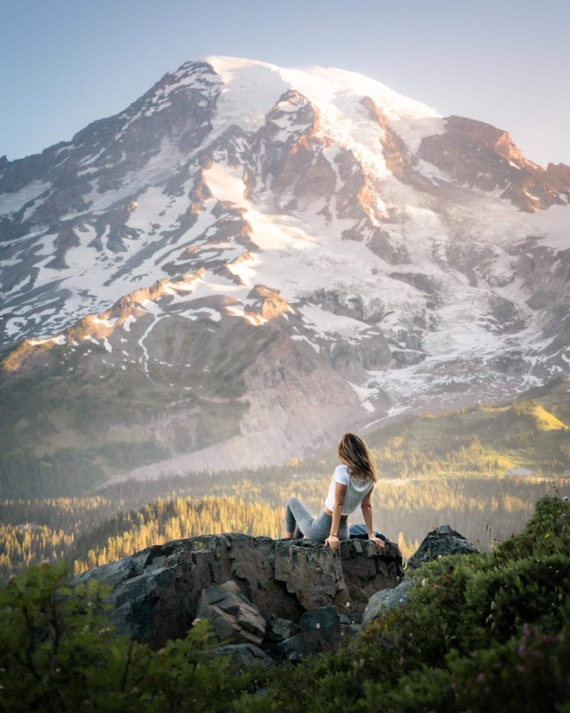 Expansive views of Mount Rainier at sunrise from the Paradise side of the Mountain on Skyline Trail, one of the best hikes in Washington