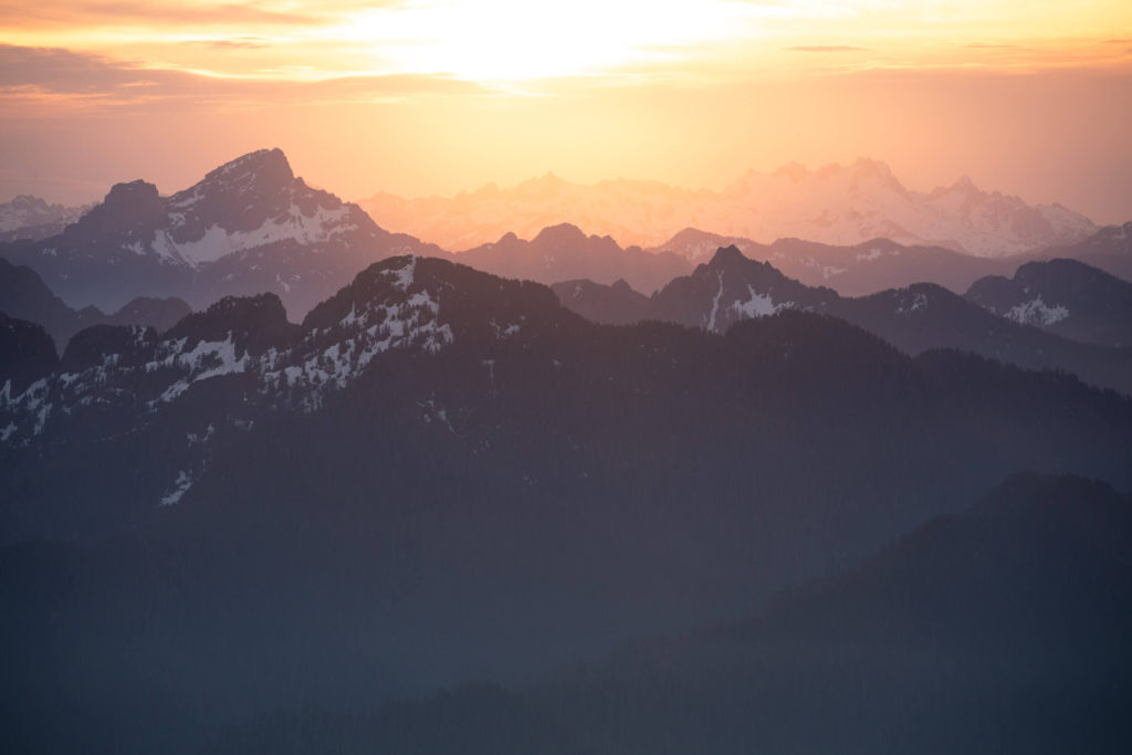 "The view at sunset from Pilchuck Lookout hike in Washington