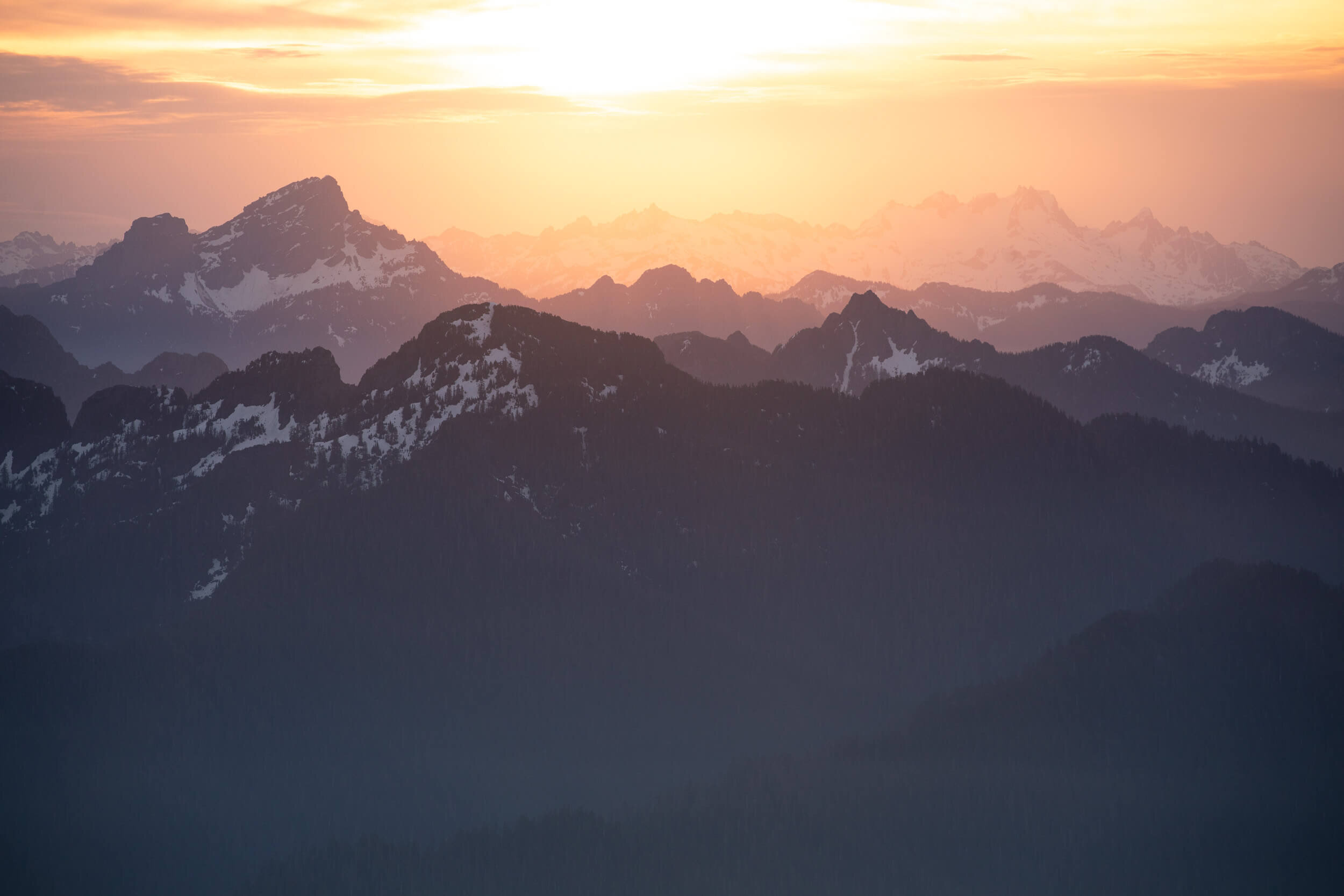 The view at sunset from Pilchuck Lookout in Washington.