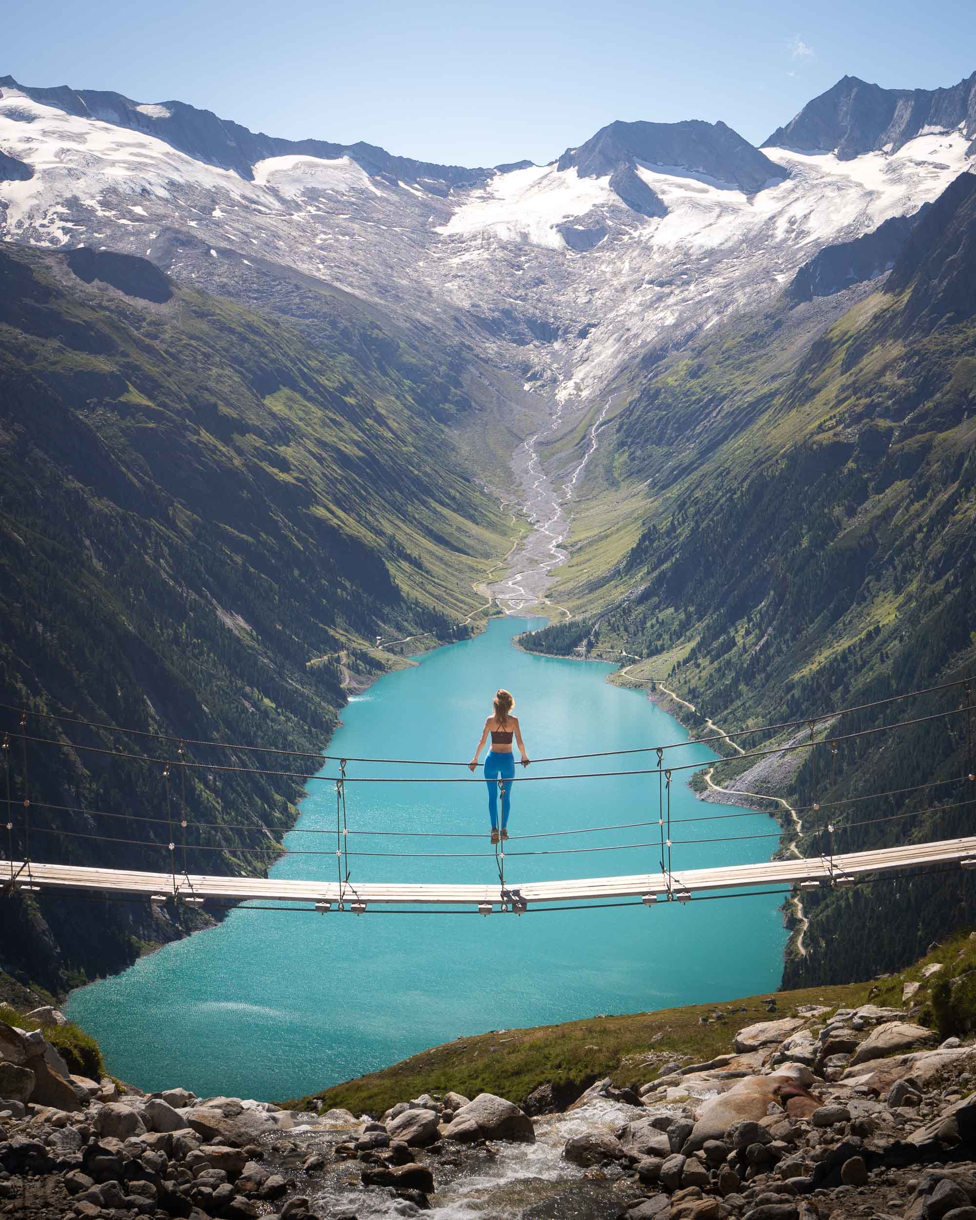 Getting “the shot” at the now “Instafamous” suspension bridge up above Olpererhütte