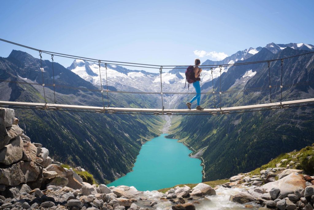 The small suspension bridge up above Olpererhütte has become a popular photo-op in the Austrian Alps