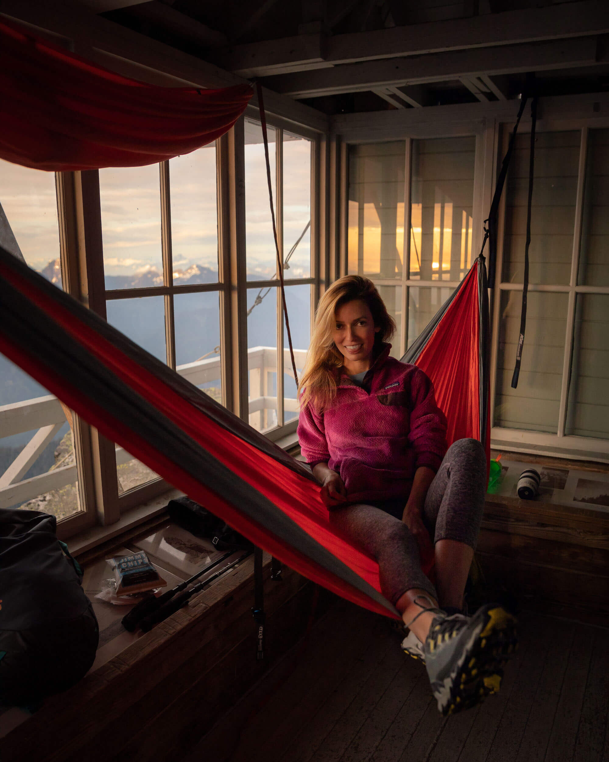 Pilchuck Lookout is probably one of the most popular in Washington State due to its relatively close proximity to Seattle. Wearing : Beyond Yoga  leggings , Patagonia Snap-T Fleece  jacket ;  Shoes : La Sportiva  trail running shoes ; ENO  hammock  // Photo by  Kyle Kotajarvi