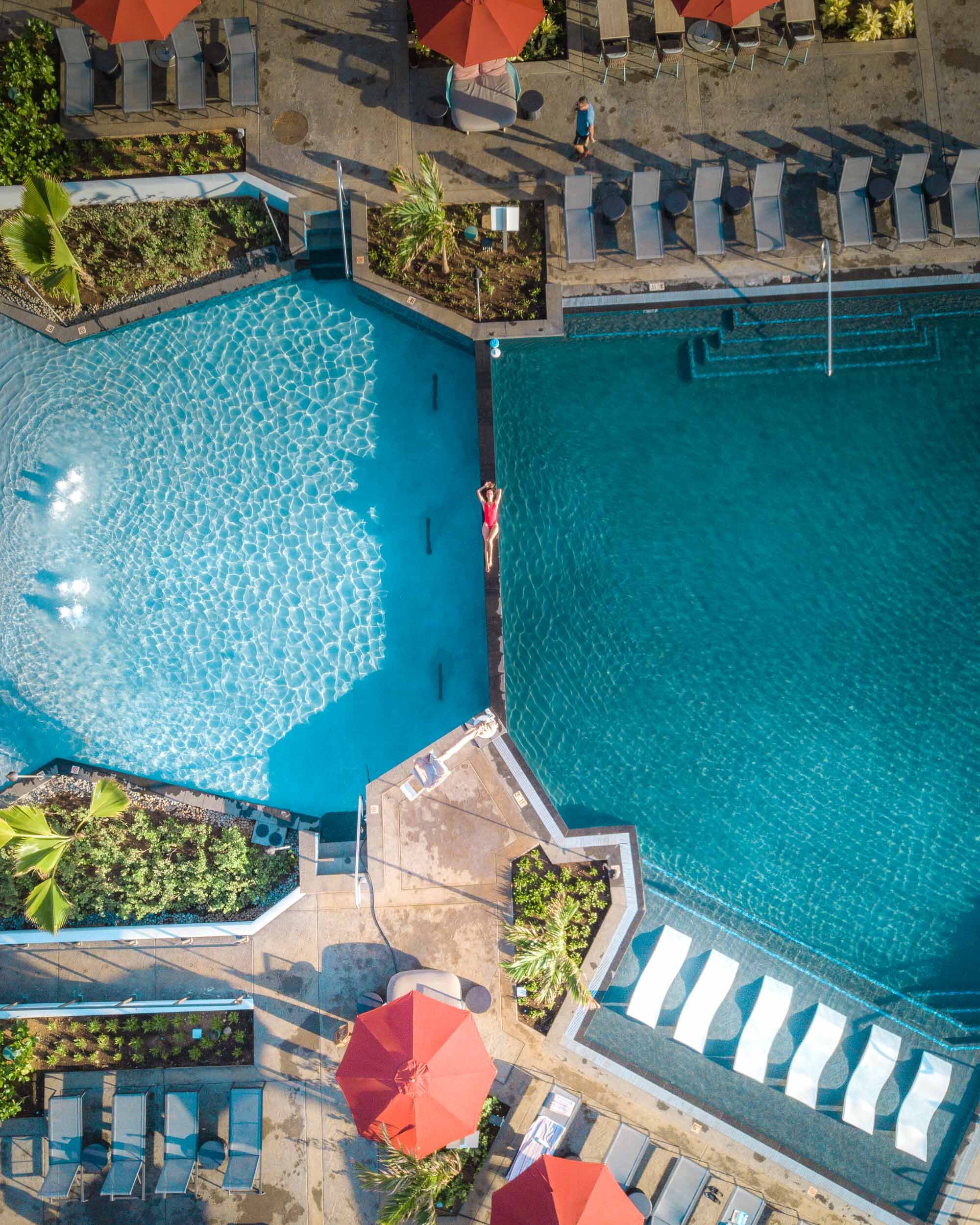 Aerial view of the pool area at Sheraton Kauai Coconut Beach Resort.