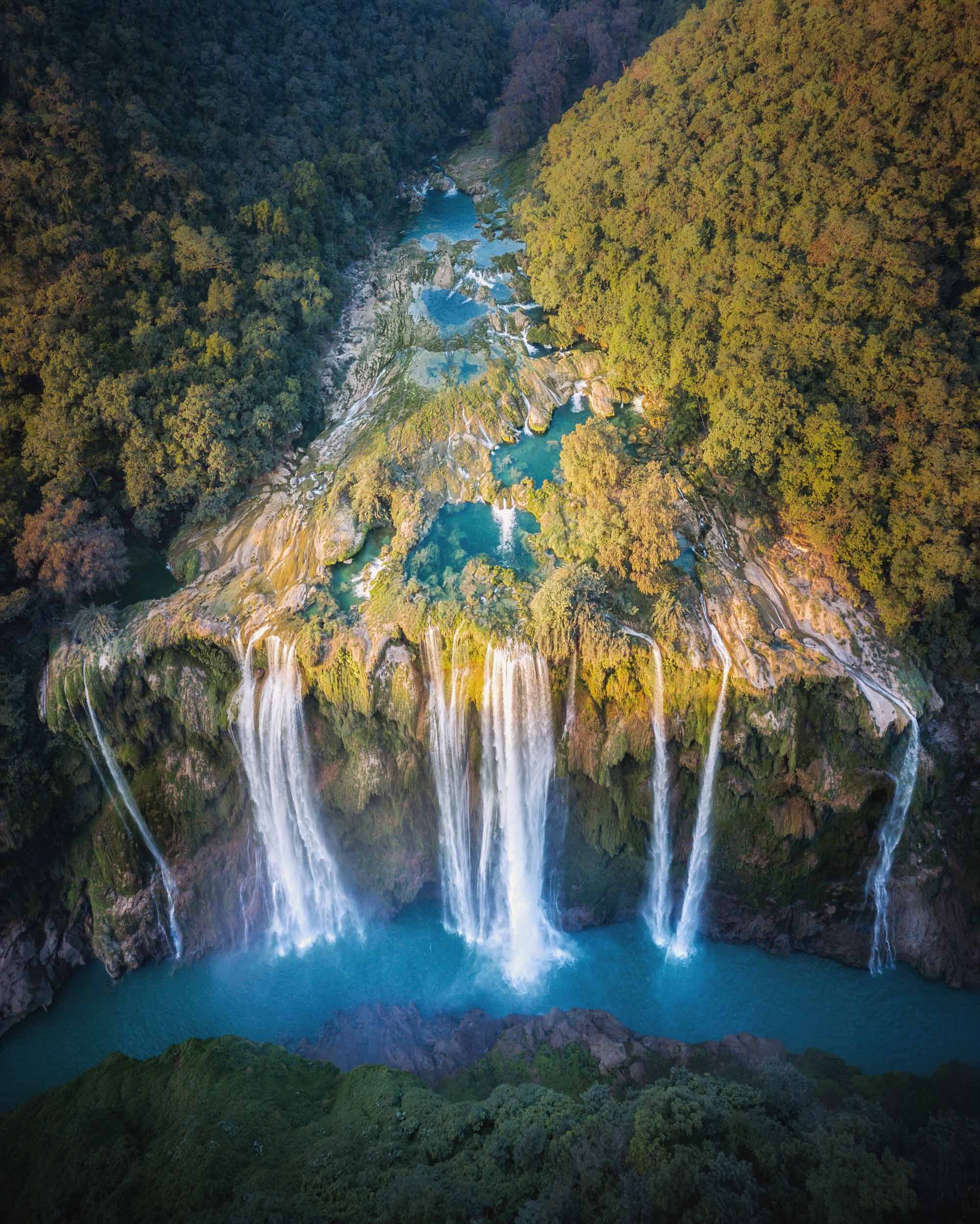Aerial view of Tamul Waterfall in Mexico’s La Huasteca Potosina region.