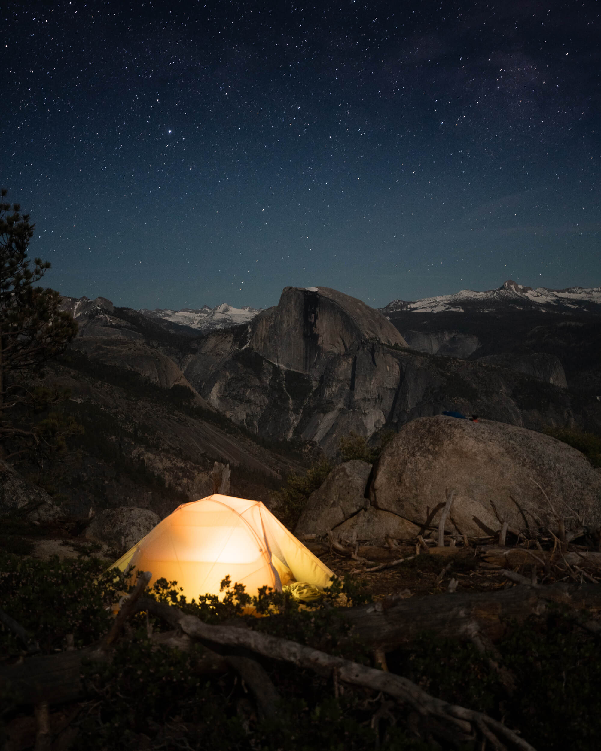 The photo was taken on a  backcountry camping trip in Yosemite National Park . Most tents have mesh pockets you can place your headlamp in for light at night. Alternatively pick up a small  tent lantern  for some nice ambient light. Shown: Big Agnes  2 Person Tent .