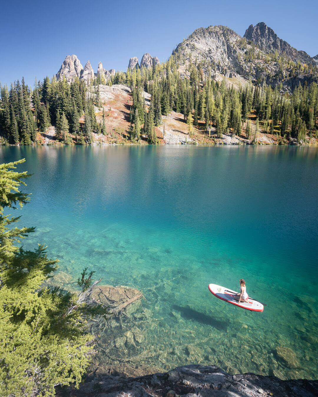 Paddle boarding on Blue Lake in the North Cascades.