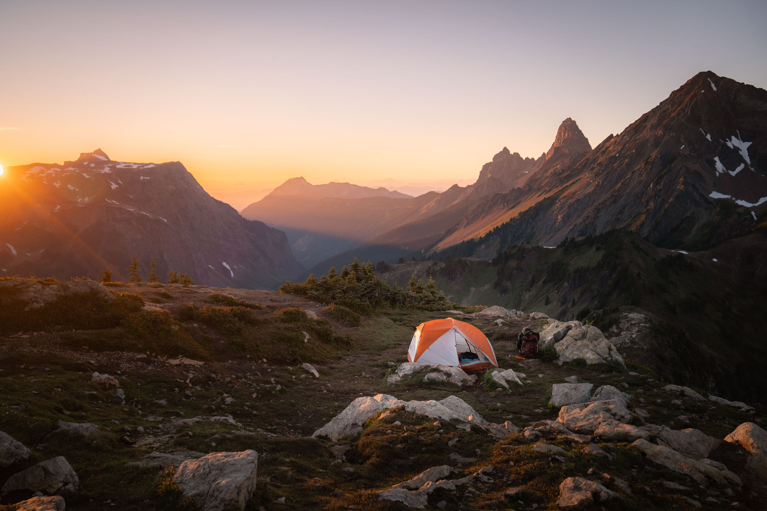 Sunset in The North Cascades. Camping in the  Big Agnes Copper Spur HV UL2 Tent .