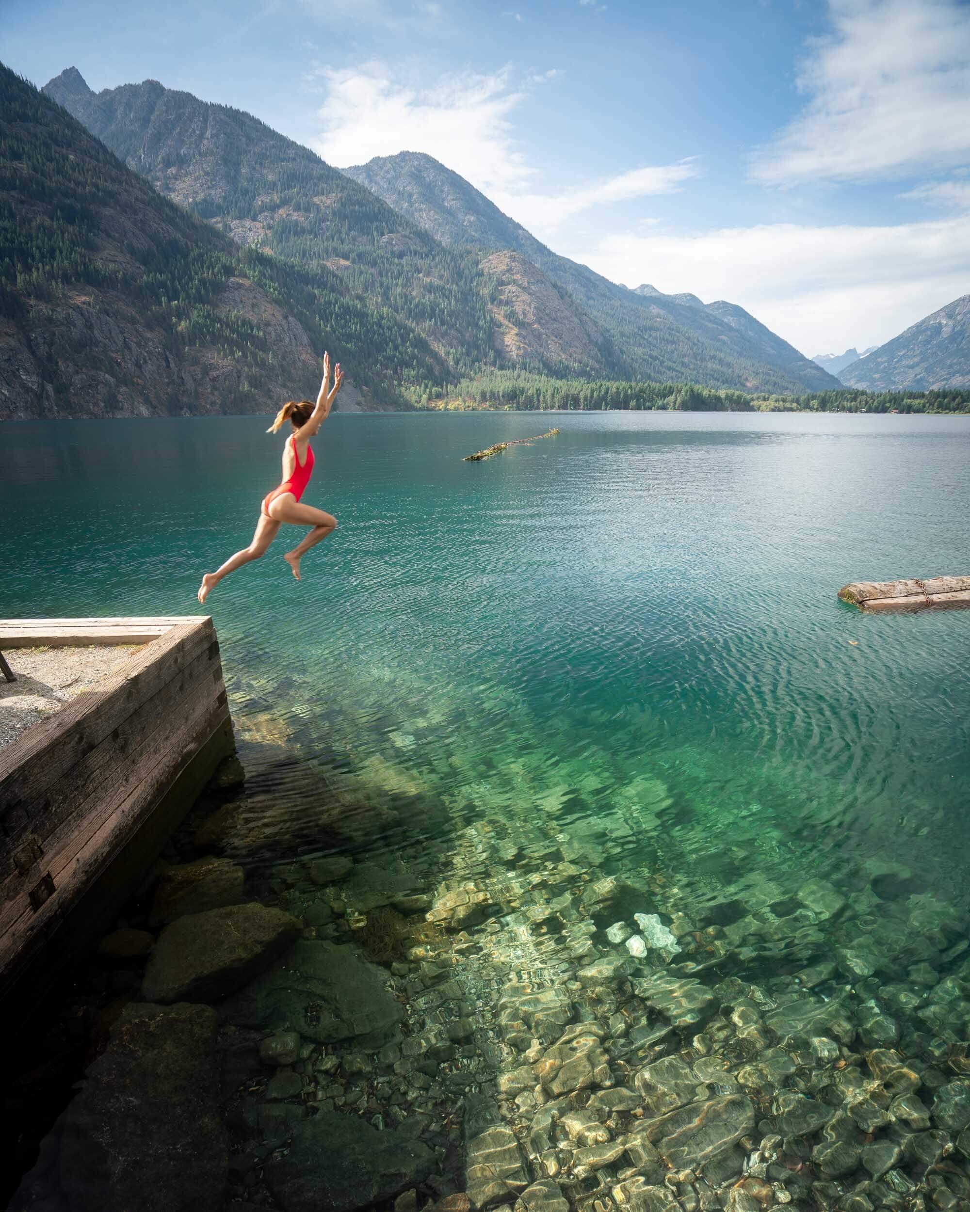 Jumping into Lake Chelan off one of the boat ramp at Stehekin.