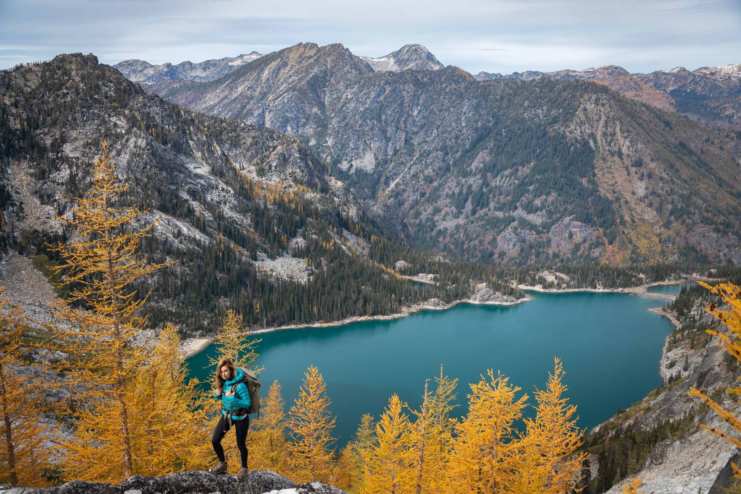 The Larches above Colchuch Lake generally turn gold in early October. Wearing: Prana  Pillar Legging , Rab  Down Jacket , Keen  Hiking Boots .