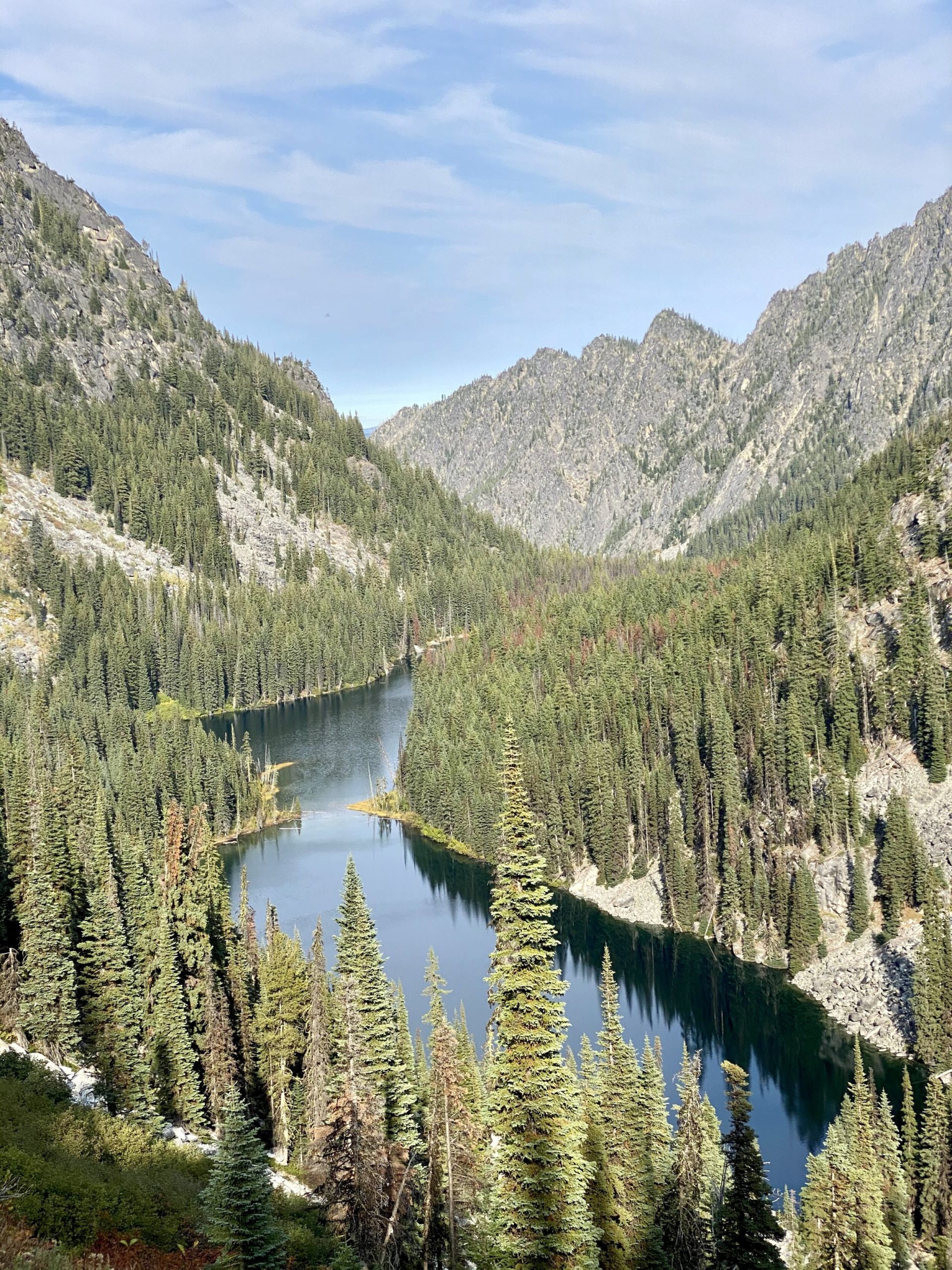Looking down on Nada Lake after passing Snow Lakes.