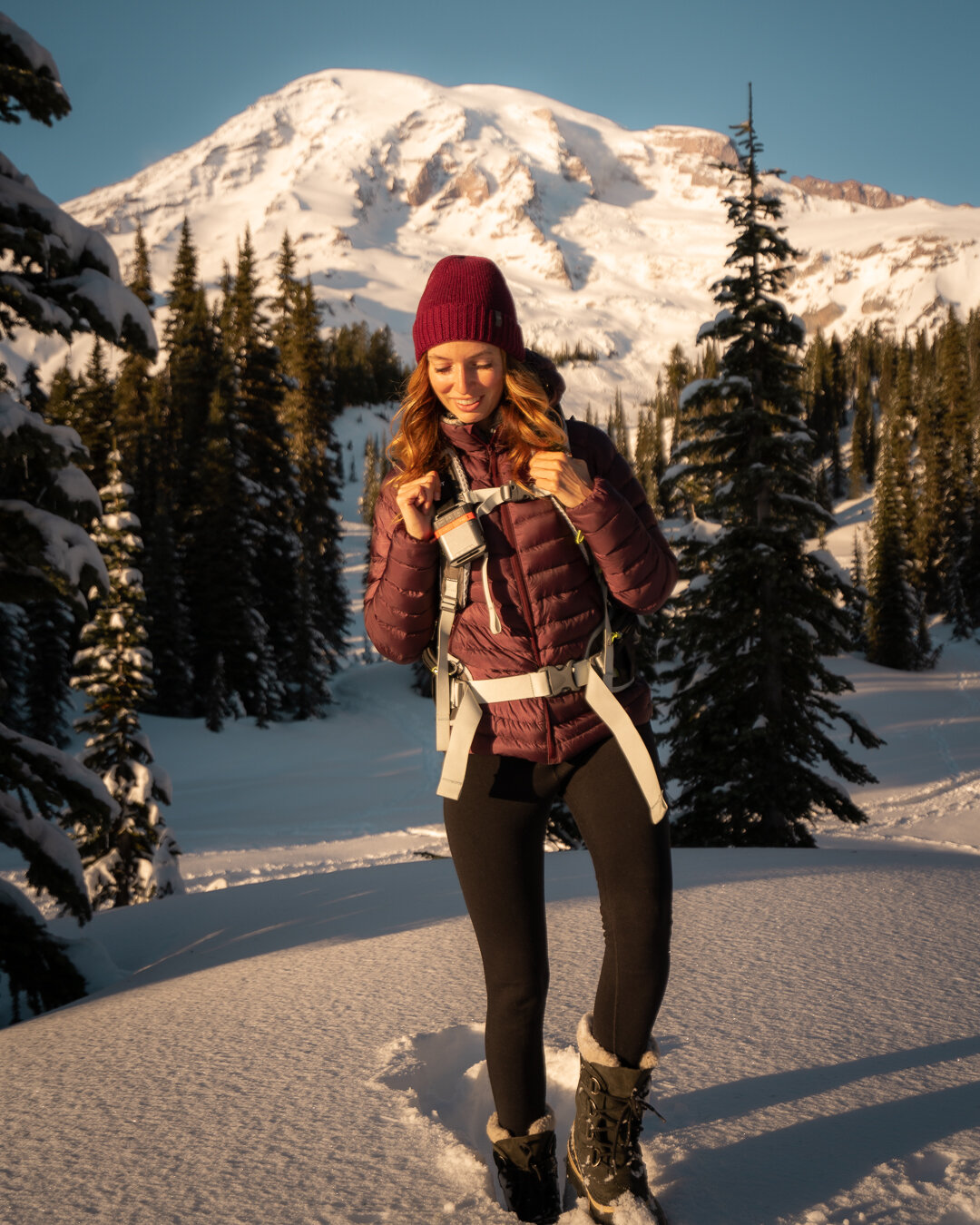 Winter hiking in Washington State at Mount Rainier. Wearing:  Winter Warm Tights ,  Sorel Boot s,  Arc'teryx Jacket , and Icebreaker Beanie.