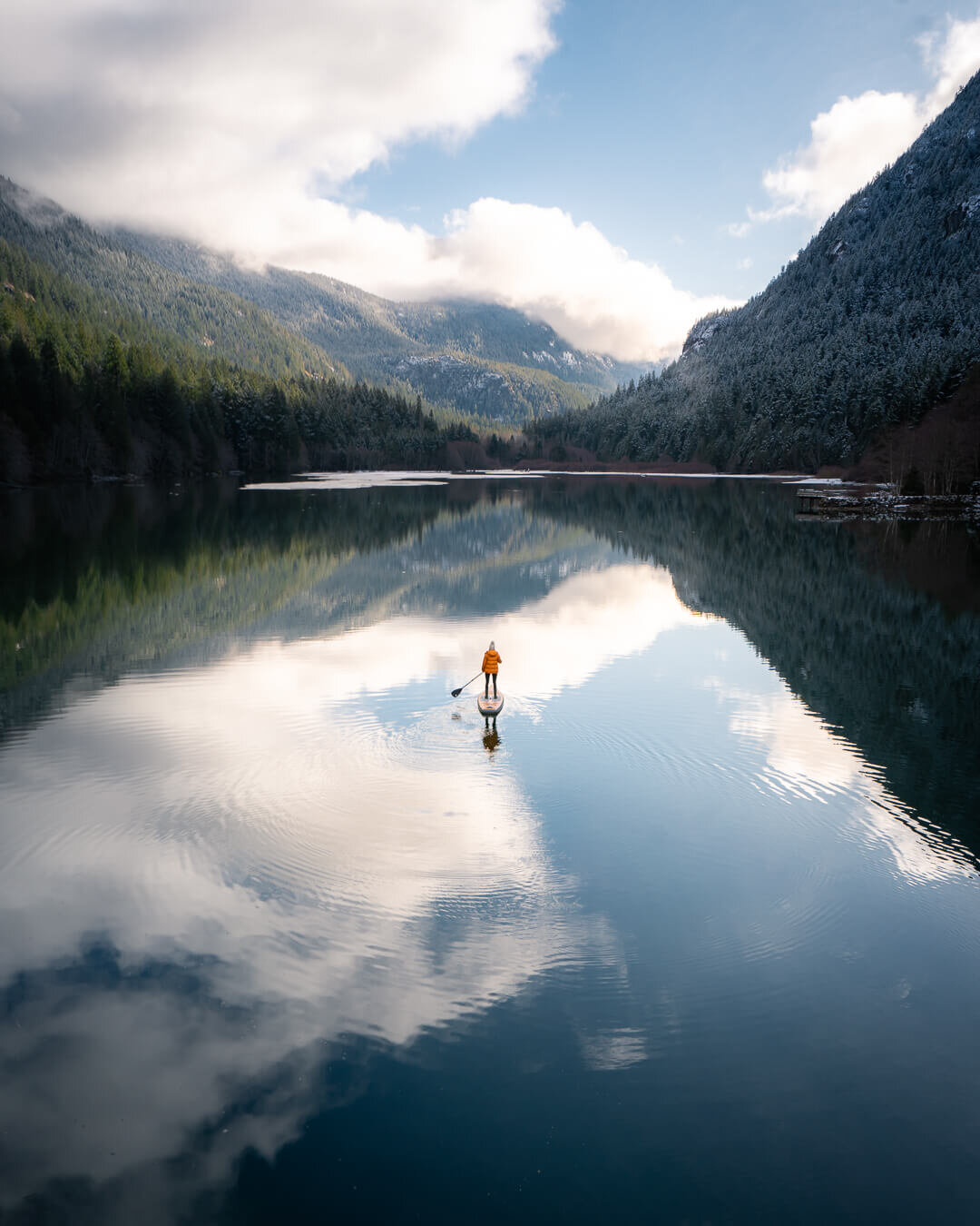 Stand-Up Paddle Boarding on Diablo Lake on a calm morning in January.