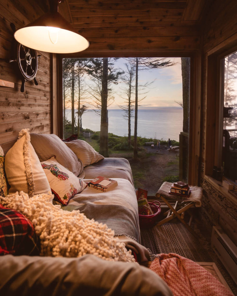 View from the inside of the Eagles Perch Treehouse on the Olympic Peninsula 