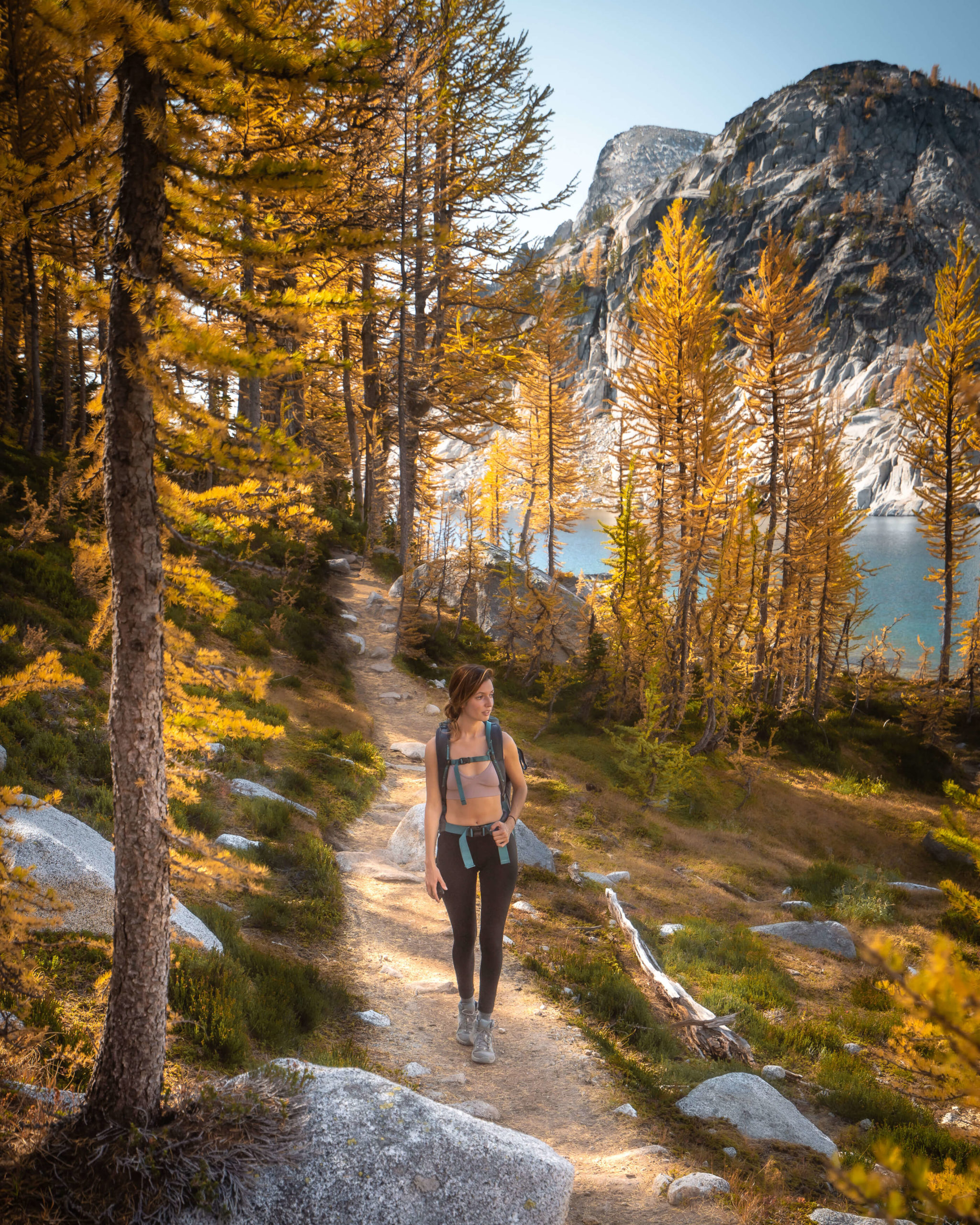 Girl hiking on trail through golden larch trees.