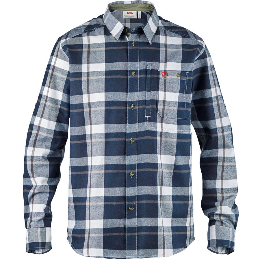 a navy and white flannel shirt