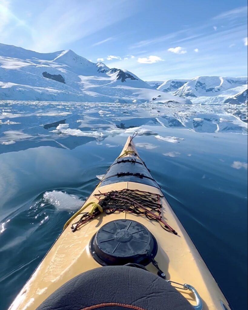 the front of a kayak during sea kaying in Antarctica