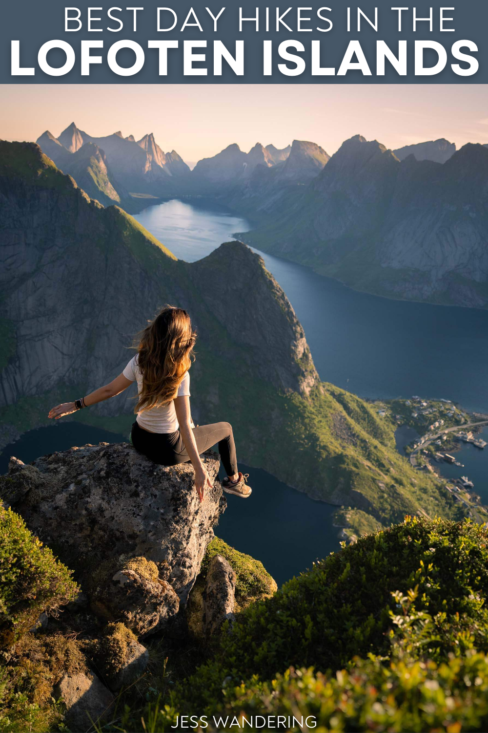 best day hikes in the lofoten islands with jess wandering overlooking the view at a lofoten hike in norway