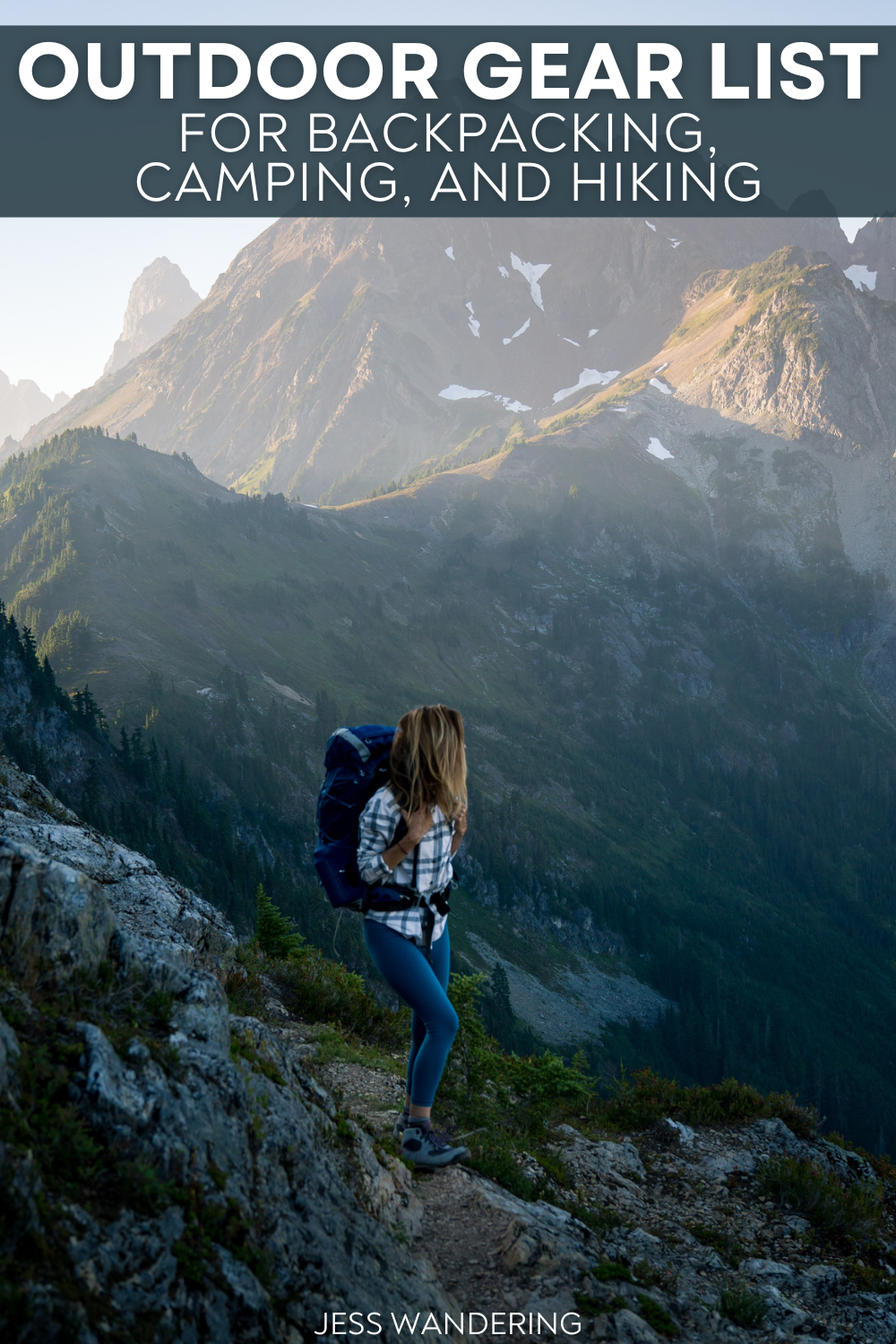 outdoor gear list for backpacking, camping and hiking pin with image of Jess Wandering on a hiking trail in front of mountains